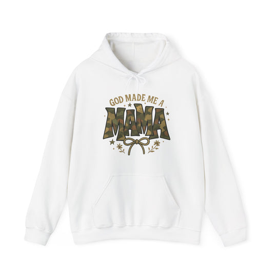 White God Made Me a Mama hoodie with camouflage MAMA graphic, gold bow and floral details, kangaroo pocket, ribbed cuffs, and drawstring hood.