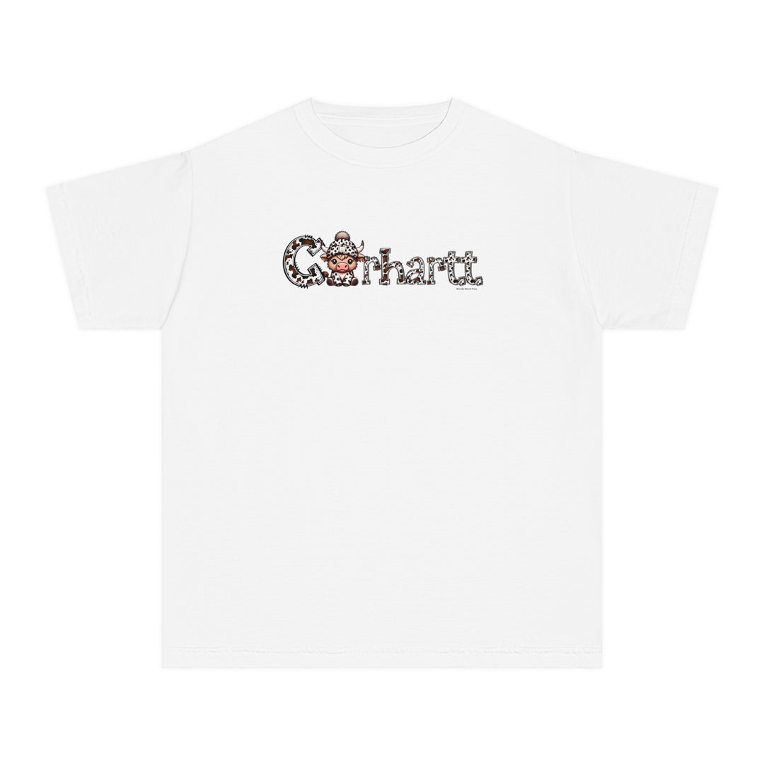 Kid's Cowhartt Cow Tee: White tee with a cartoon cow in a hat, perfect for active kids. 100% combed ringspun cotton, soft-washed, and garment-dyed for comfort and durability. Classic fit for all-day wear.