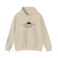 A beige Spirit Lead Me Hoodie with black text, featuring a hood and kangaroo pocket. Made of 50% cotton, 50% polyester blend for warmth and comfort. Medium-heavy fabric with a classic fit.