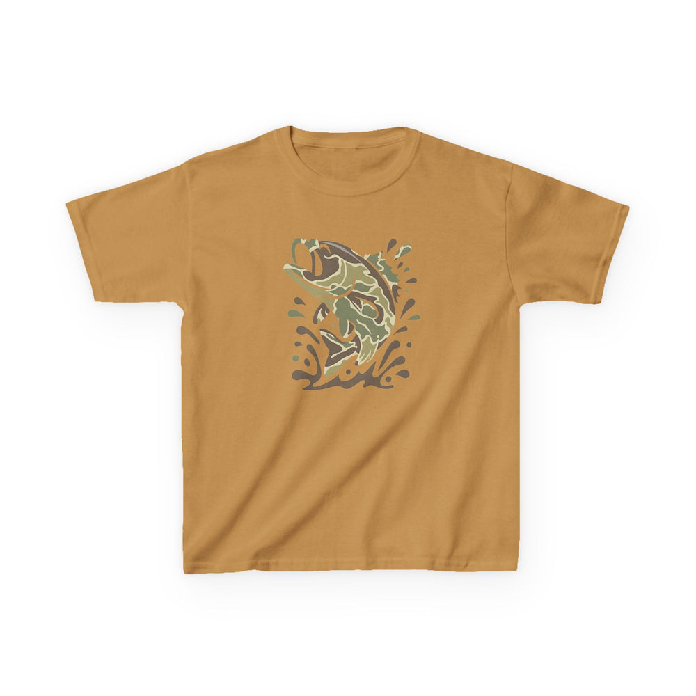 Camo Fish Kids Tee: Mustard-gold T-shirt featuring a camo-style leaping fish graphic, ideal for daily wear with durable, soft cotton fabric and reinforced shoulder design.