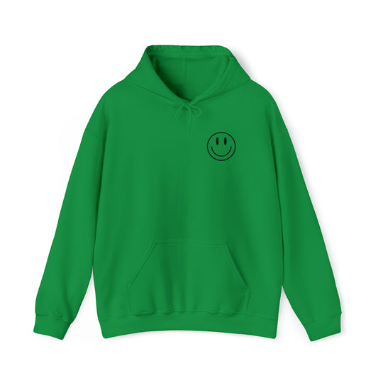 A heavy blend hooded sweatshirt featuring a green smiley face design. Unisex, cotton-polyester fabric for warmth and comfort. Kangaroo pocket and drawstring hood. Title: GOOD DAY TO HAVE A GOOD DAY.