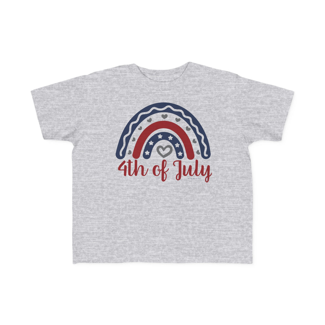 A 4th of July Toddler Tee featuring a rainbow design, perfect for sensitive skin. Made of 100% combed ringspun cotton, light fabric, tear-away label, and a classic fit. Sizes: 2T, 3T, 4T, 5-6T.