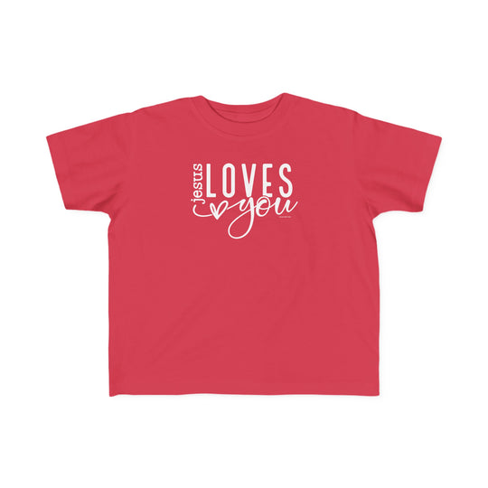 Toddler tee featuring Jesus Loves You text. Soft, 100% combed ringspun cotton with durable print. Ideal for sensitive skin, perfect for little adventurers. Sizes: 2T, 3T, 4T, 5-6T. Classic fit, tear-away label, true to size.