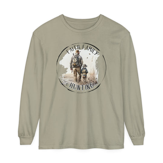 A Faith Family Hunting long-sleeve t-shirt featuring a man and child walking in a field. Made of 100% ring-spun cotton with a relaxed fit for comfort. Ideal for casual wear.