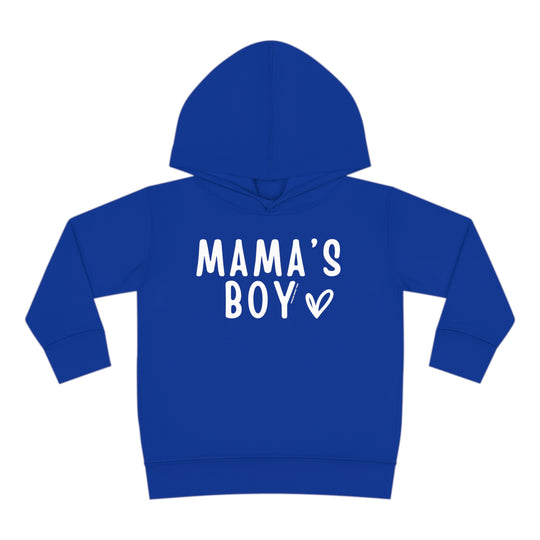 Toddler hoodie with Mama's Boy design, featuring jersey-lined hood, cover-stitched details, and side seam pockets for durability and comfort. 60% cotton, 40% polyester blend. Sizes: 2T, 4T, 5-6T.