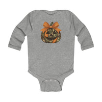 Jackie O Long Sleeve Onesie featuring a heather-gray design with a camo and orange jack-o’-lantern graphic, complete with snap closures for easy changing.