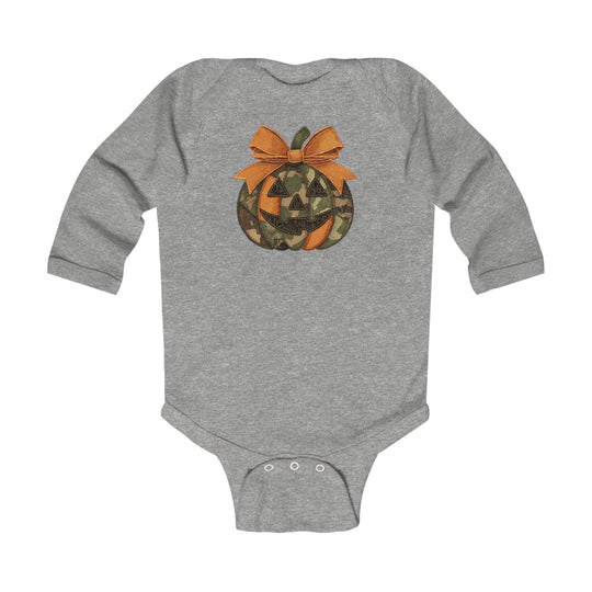 Jackie O Long Sleeve Onesie featuring a heather-gray design with a camo and orange jack-o’-lantern graphic, complete with snap closures for easy changing.
