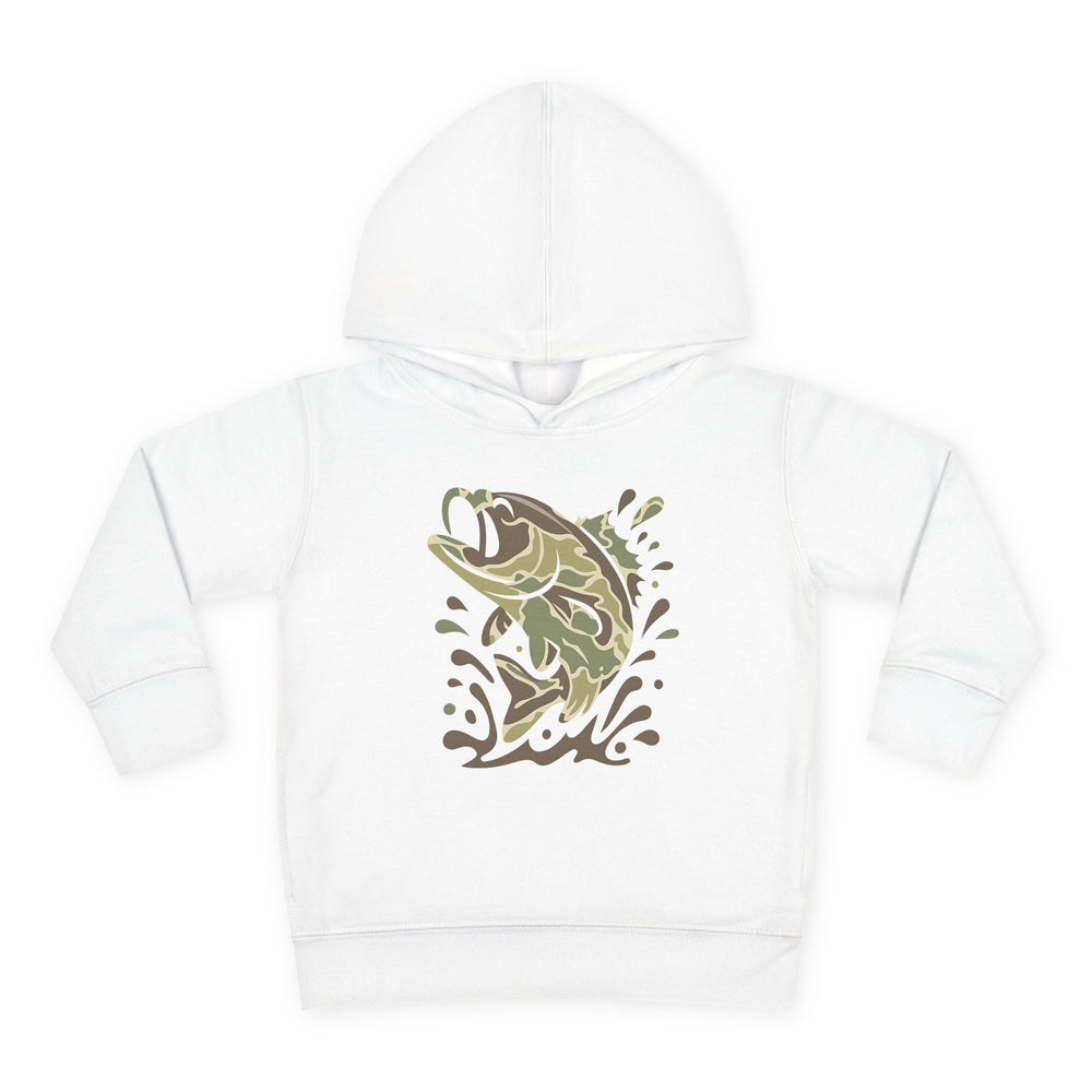 Camo Fish Toddler Hoodie featuring a leaping fish in camouflage tones on a white hooded sweatshirt, designed for comfort and durability with side-seam pockets.