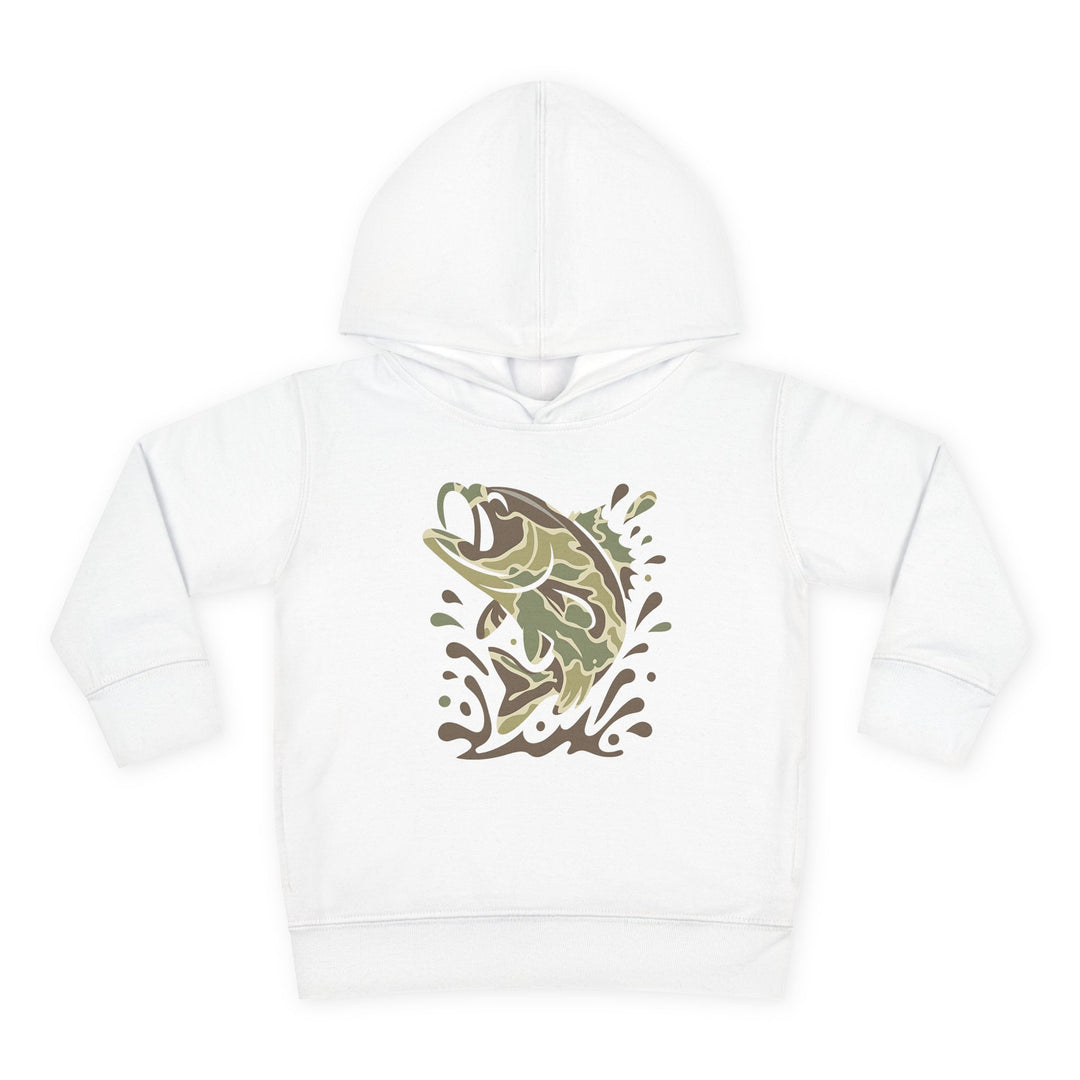 Camo Fish Toddler Hoodie featuring a leaping fish in camouflage tones on a white hooded sweatshirt, designed for comfort and durability with side-seam pockets.