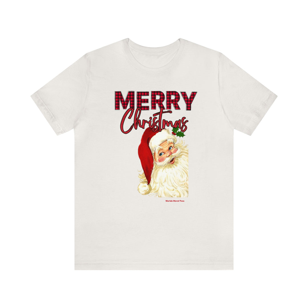 A classic Christmas Santa Tee with a Santa Claus design on a white shirt. Unisex jersey tee in 100% cotton, featuring ribbed knit collars and quality print. Available in various sizes.