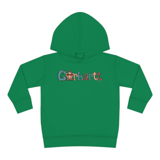 Toddler hoodie with cartoon cow design, jersey-lined hood, cover-stitched details, and side seam pockets. Durable and cozy, ideal for kids. From Worlds Worst Tees.