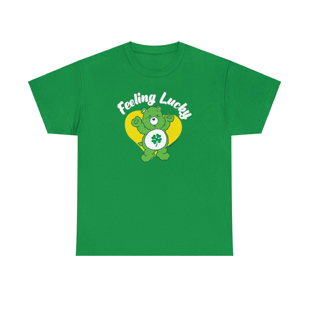 A green t-shirt featuring a bear with a clover, embodying luck. Unisex heavy cotton tee with no side seams, durable tape on shoulders, and ribbed knit collar. Classic fit, 100% cotton.