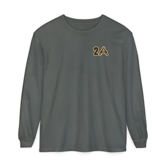 2A Long Sleeve Tee in muted gray/olive, featuring a chest graphic with stylized rifles. Made from 100% ring-spun cotton for a soft, relaxed fit.