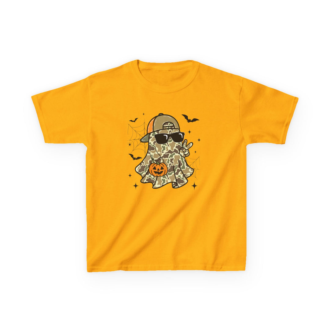 Candy Ghost Kids Tee with a cartoon ghost in camouflage, wearing sunglasses and cap, holding a peace sign and candy bucket, surrounded by bats and spiderwebs.