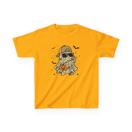 Candy Ghost Kids Tee with a cartoon ghost in camouflage, wearing sunglasses and cap, holding a peace sign and candy bucket, surrounded by bats and spiderwebs.