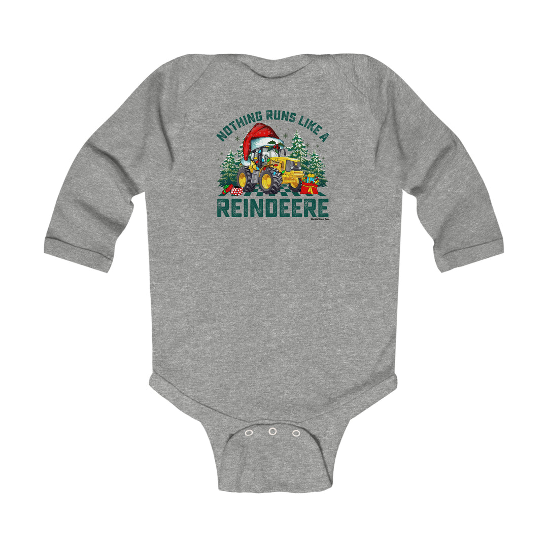 A baby bodysuit featuring a Santa Claus tractor design. Made of soft cotton for baby's comfort, with plastic snaps for easy changing. From Worlds Worst Tees' playful collection.