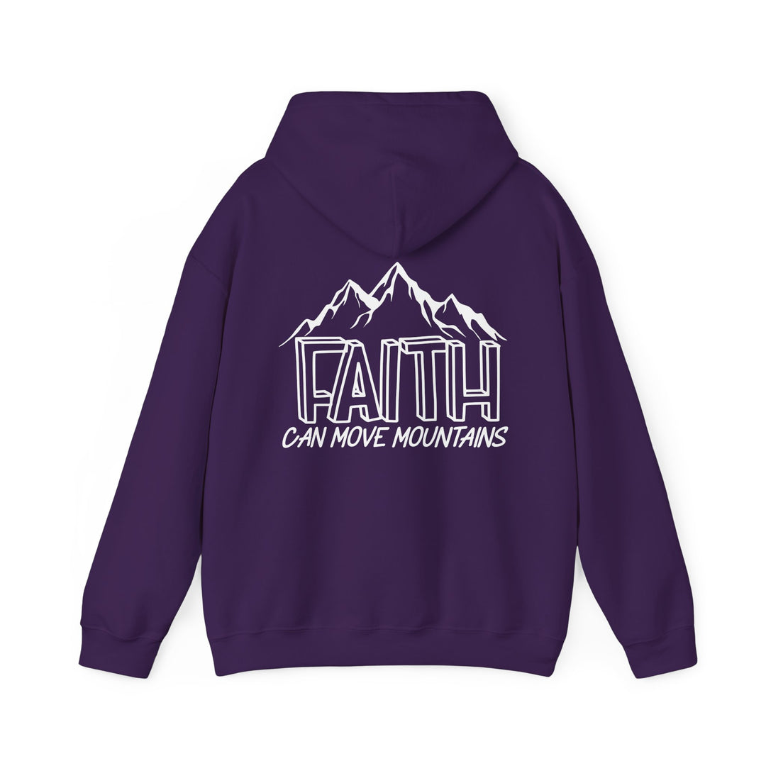 A purple Faith Can Move Mountains Hoodie with white text and mountain logo, a cozy blend of cotton and polyester, featuring a kangaroo pocket and matching drawstring. Unisex, medium-heavy fabric, tear-away label, true to size.