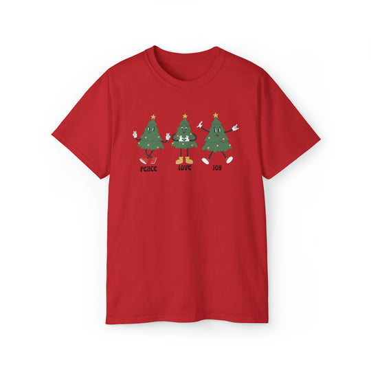 Unisex Peace Love Joy Tee: Red shirt with cartoon Christmas trees. Classic fit, sustainably sourced 100% US cotton, tear-away label for comfort. Ideal for casual and semi-formal occasions.