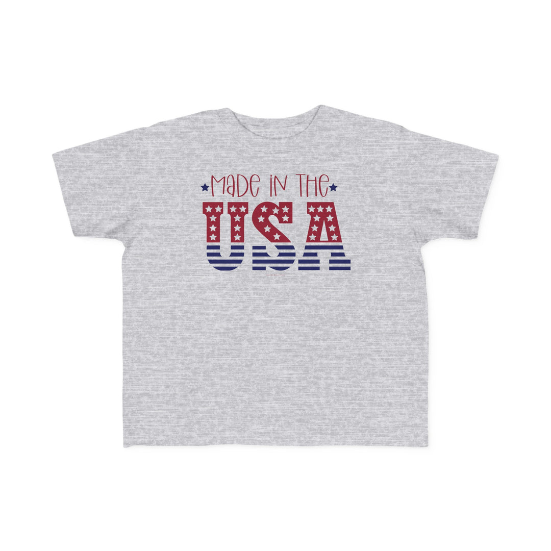 A USA-made toddler tee with a durable print. Soft 100% cotton, light fabric, tear-away label. Sizes: 2T, 3T, 4T, 5-6T. Classic fit.