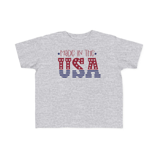 A USA-made toddler tee with a durable print. Soft 100% cotton, light fabric, tear-away label. Sizes: 2T, 3T, 4T, 5-6T. Classic fit.