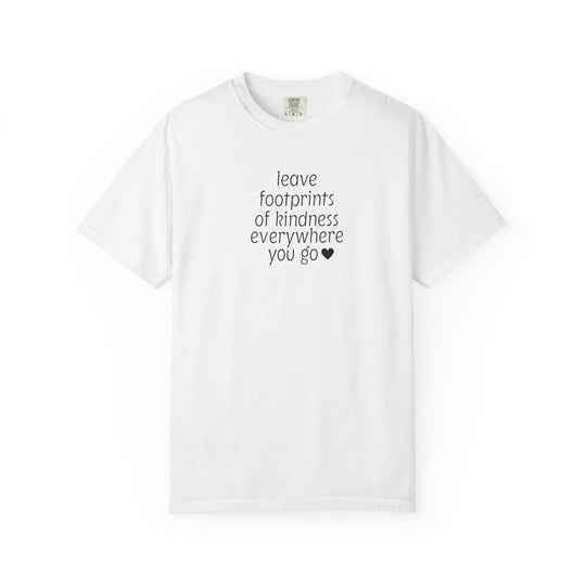 Leave Kindness Tee featuring a black text and heart design on a plain white, short-sleeve crewneck, highlighting its soft comfort and relaxed fit.