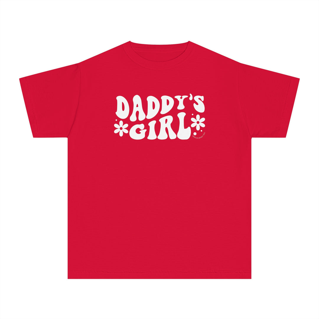 Daddy's Girl Kids Tee: Red shirt with white text, designed for active kids. 100% combed ringspun cotton, soft-washed, garment-dyed, and a classic fit for all-day comfort. Ideal for playtime or study sessions.