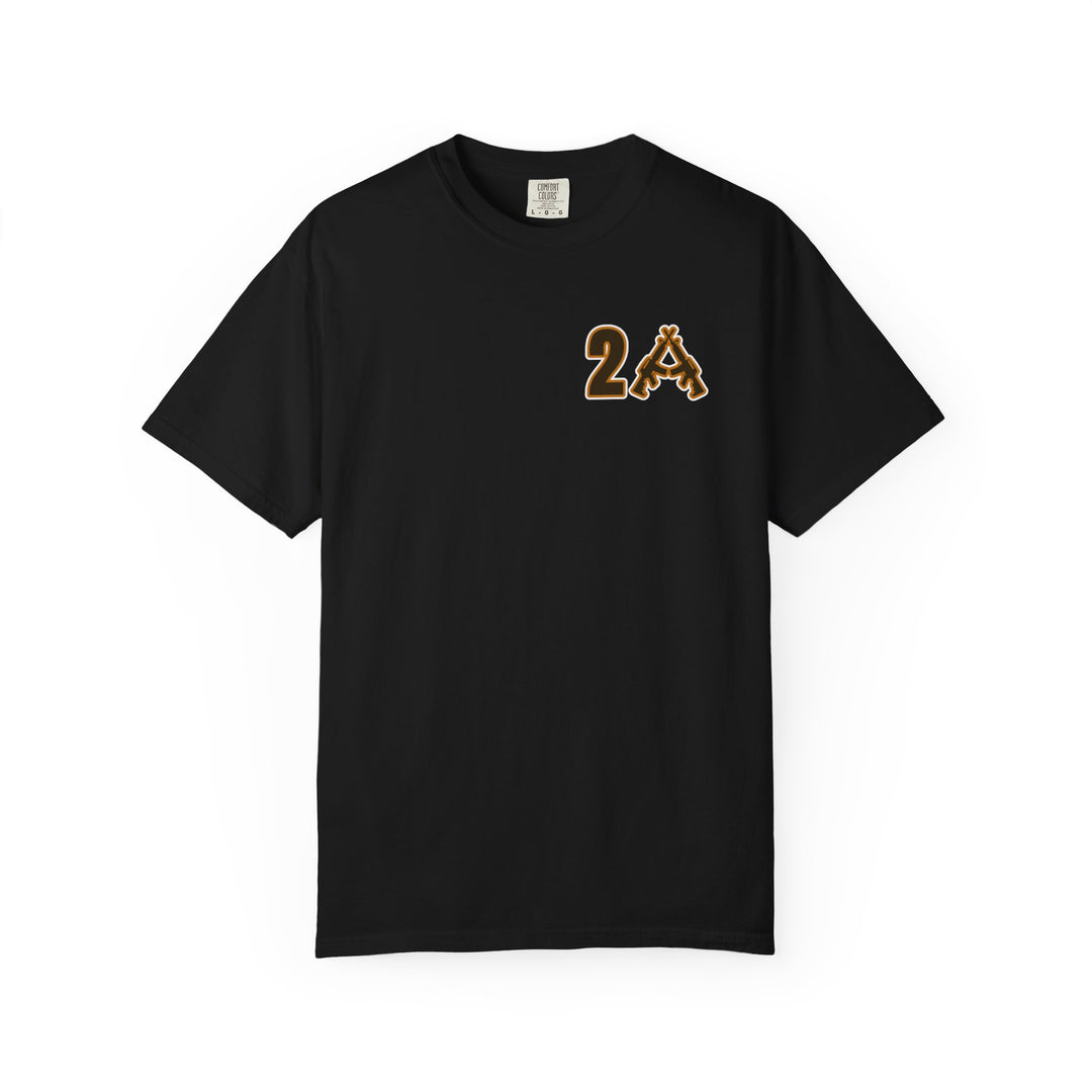 Black 2A Tee featuring a small chest logo with a gold-trimmed 2 and crossed rifles forming A. Comfortable, durable, and perfect for daily wear.