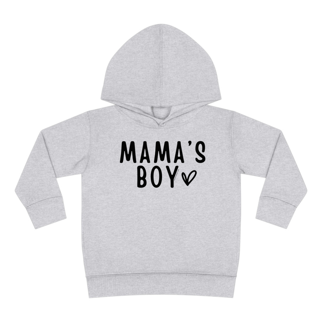 Toddler hoodie with jersey-lined hood, cover-stitched details, and side seam pockets. Mama's Boy Toddler Hoodie for cozy comfort. 60% cotton, 40% polyester, medium fabric. Sizes: 2T, 4T, 5-6T.