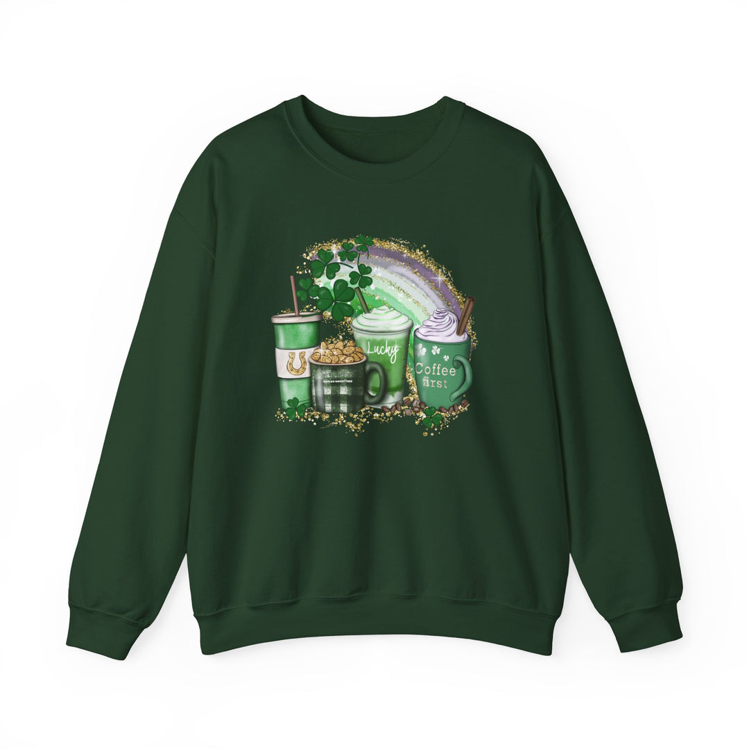 A Lucky Coffee Crew unisex sweatshirt featuring a rainbow and coffee cups design. Polyester-cotton blend, ribbed knit collar, no itchy seams. Sizes S-5XL. Ideal for comfort and style.