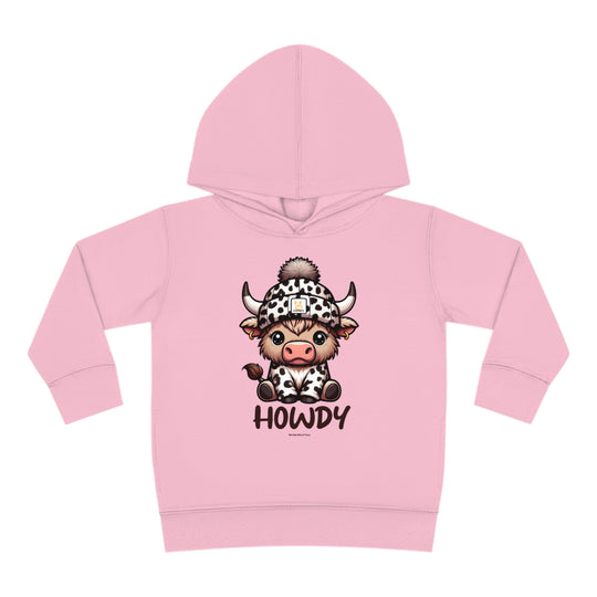 Toddler hoodie with cow design, jersey-lined hood, cover-stitched details, and side seam pockets. Comfortable blend of cotton and polyester. From 'Worlds Worst Tees'.