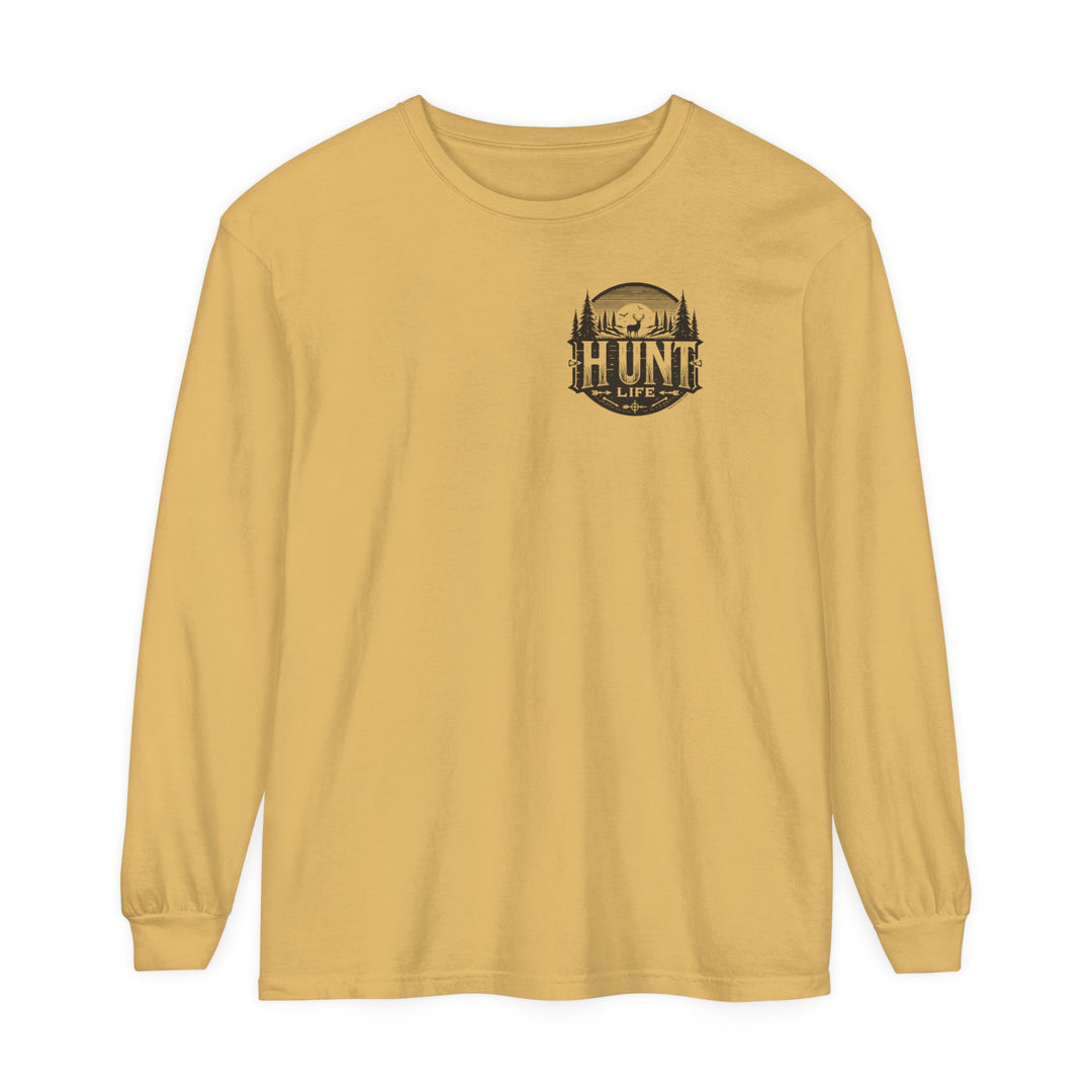 Turkey Hunting Long Sleeve T-Shirt in yellow, featuring a deer and trees logo. Made of 100% ring-spun cotton, garment-dyed fabric, and a relaxed fit for ultimate comfort. Ideal for casual settings.