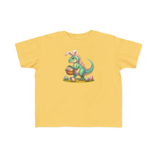 Eggosaurus Toddler Tee: A yellow t-shirt featuring a cartoon dinosaur holding a basket of eggs. Soft, durable fabric perfect for sensitive skin, ideal for little adventurers.