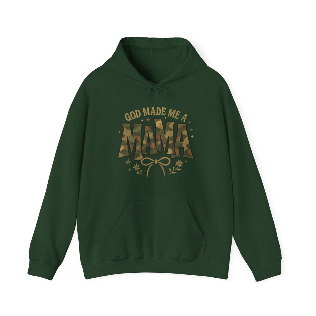 Forest-green hoodie with a slogan GOD MADE ME A MAMA, featuring a camouflage MAMA. Includes a kangaroo pocket, drawstring hood, and decorative accents.