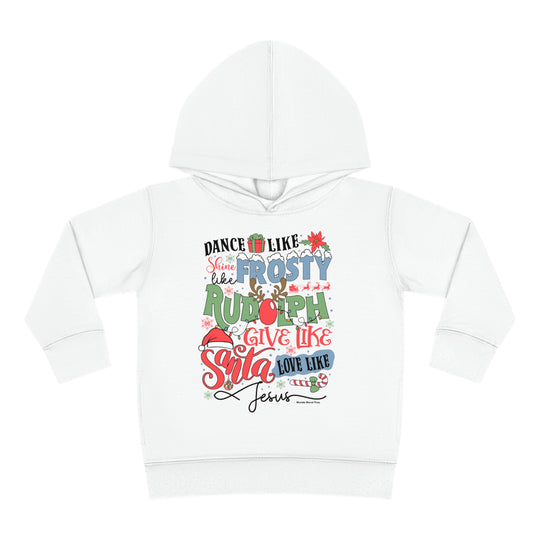 A toddler hoodie featuring Frosty Rudolph Santa Jesus design, with jersey-lined hood, cover-stitched details, and side-seam pockets for comfort and durability. Made of 60% cotton, 40% polyester blend.