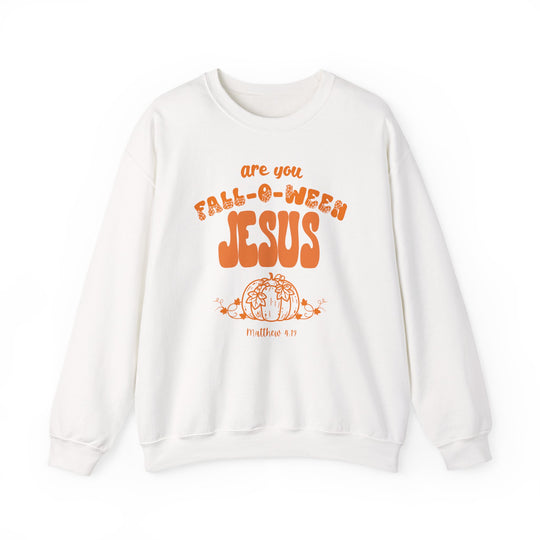 White crew-neck sweatshirt featuring are you FALL-O-WEEN JESUS in pumpkin-themed lettering with an illustrated pumpkin and Matthew 4:19 scripture reference below.