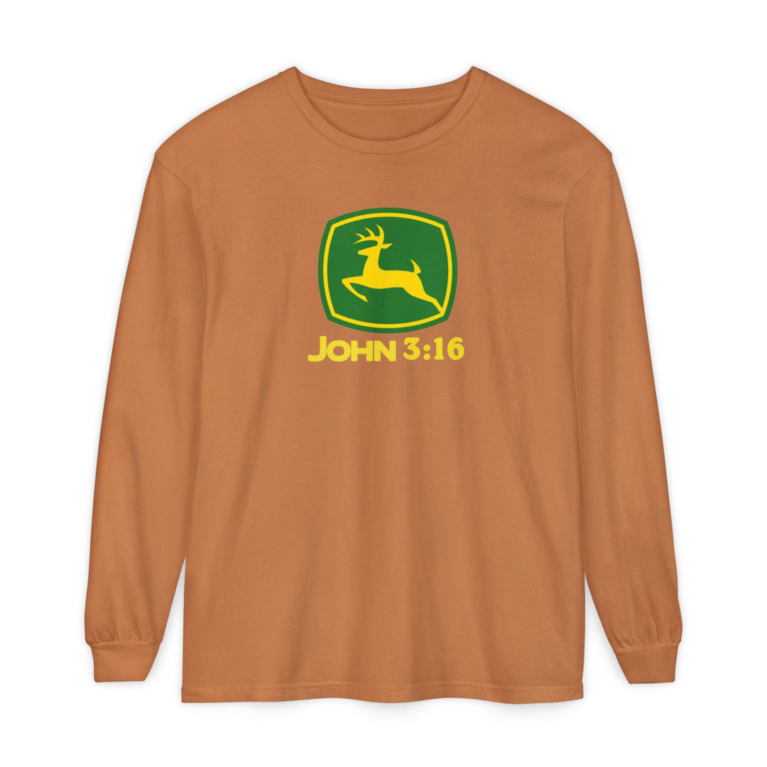 John 3:16 Long Sleeve Tee features a parody John Deere logo with a leaping deer in a green-and-yellow shield, offering comfort with 100% ring-spun cotton.
