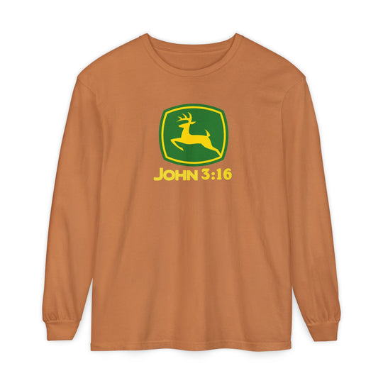 John 3:16 Long Sleeve Tee features a parody John Deere logo with a leaping deer in a green-and-yellow shield, offering comfort with 100% ring-spun cotton.