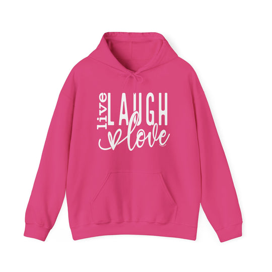A cozy Live Laugh Love Hoodie in pink with white text, featuring a kangaroo pocket and matching drawstring. Unisex, cotton-poly blend, medium-heavy fabric for warmth and comfort. Perfect for chilly days.