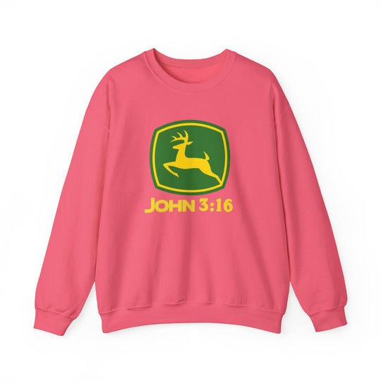 Pink crewneck sweatshirt with yellow stylized deer emblem on green shield, featuring John 3:16 text below, showcasing comfort and durability.