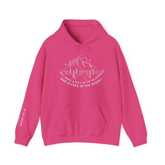 A pink unisex heavy blend hooded sweatshirt featuring I will make a way text. Plush cotton-polyester fabric, kangaroo pocket, and matching drawstring for style. Perfect for chilly days.