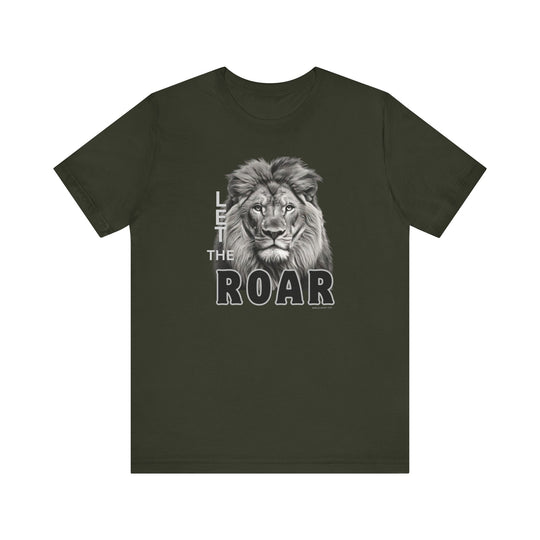 Let the Lion Roar Tee: A soft, 100% cotton unisex jersey t-shirt featuring a lion design. Retail fit with ribbed knit collars, taping on shoulders, and tear away label. Sizes from XS to 3XL.