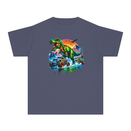 Dino Truck Kids Tee featuring a vibrant graphic of a T. rex, monster trucks, and nature scene, ideal for active kids. Made from soft, combed cotton for comfort.