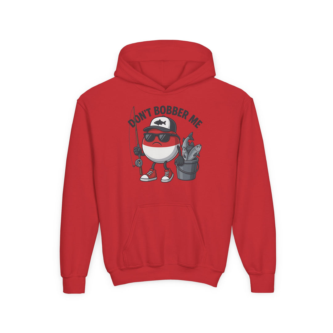 Don't Bobber Me Youth Hoodie features a cartoon bobber character with cap and sunglasses, holding a fishing rod, captioned humorously. Made of soft, preshrunk fleece.