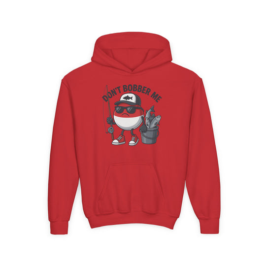 Don't Bobber Me Youth Hoodie features a cartoon bobber character with cap and sunglasses, holding a fishing rod, captioned humorously. Made of soft, preshrunk fleece.