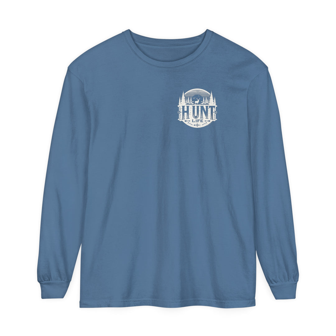 Turkey Hunting Long Sleeve T-Shirt featuring a blue shirt with a logo, made of 100% ring-spun cotton for softness and style. Classic fit, garment-dyed fabric, and relaxed comfort for casual wear.