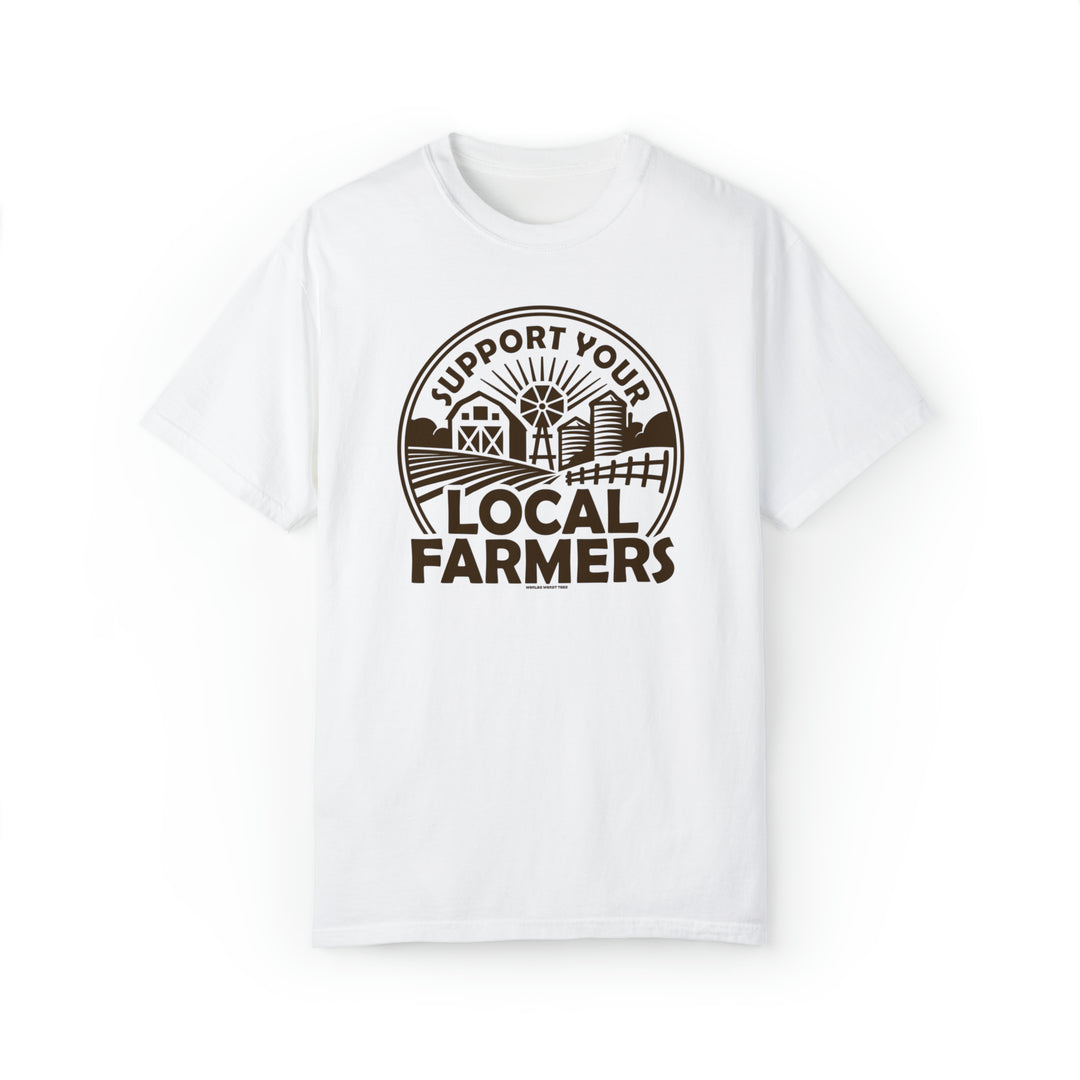 Unisex white t-shirt featuring a local farmers logo. Made of 80% ring-spun cotton and 20% polyester, with a relaxed fit and rolled-forward shoulder for comfort. From Worlds Worst Tees.