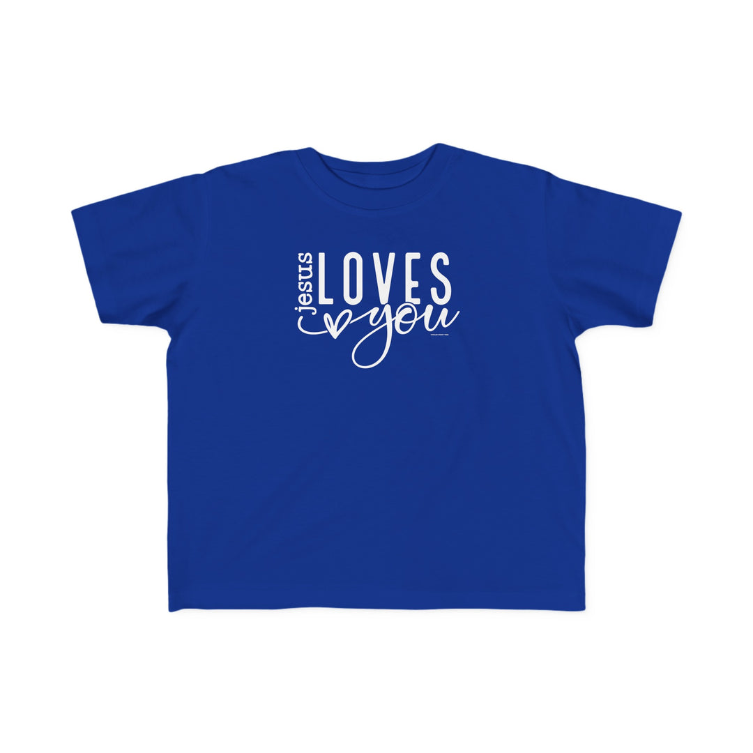 Toddler tee featuring Jesus Loves You text on a blue shirt. Soft, 100% combed ringspun cotton for sensitive skin. Durable print, classic fit, tear-away label. Ideal for first adventures.