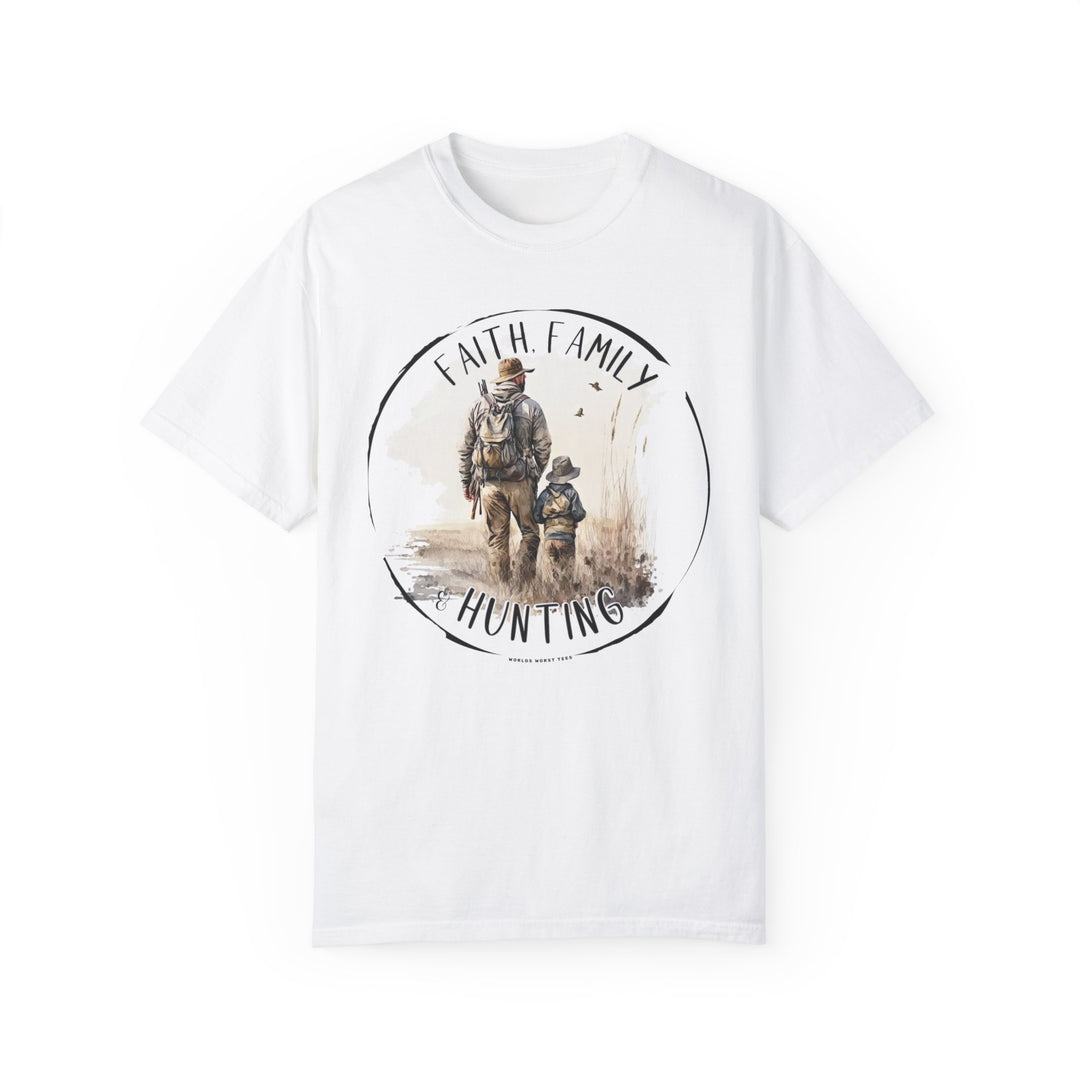 A white Faith Family Hunting Tee featuring a man and child design on ring-spun cotton. Relaxed fit, double-needle stitching, no side-seams for durability and comfort. Ideal for daily wear.