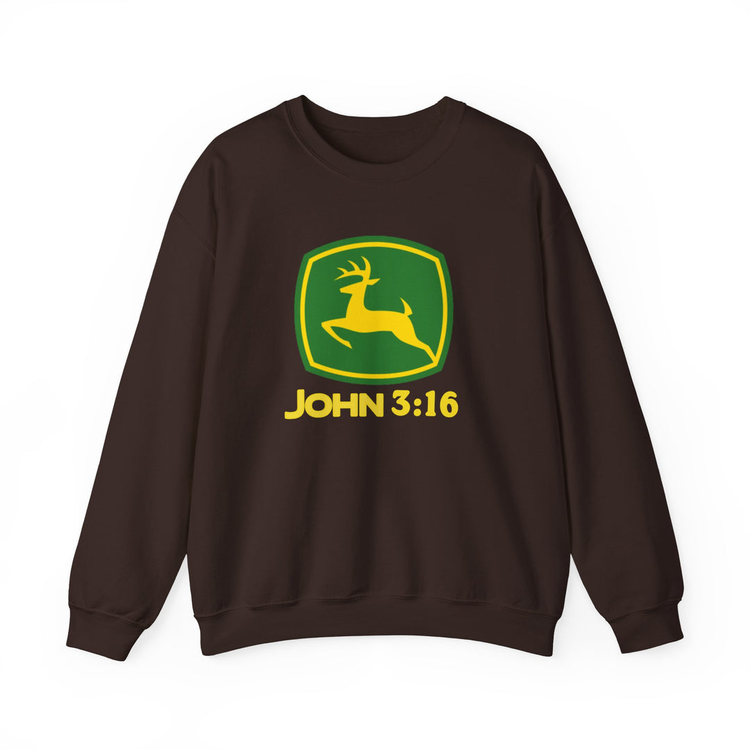 Dark-colored crewneck sweatshirt featuring a parody John Deere logo with a leaping deer and John 3:16 text, emphasizing comfort and durability.