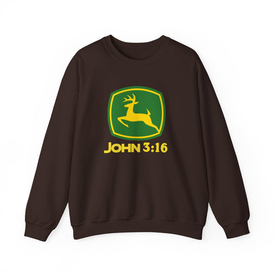 Dark-colored crewneck sweatshirt featuring a parody John Deere logo with a leaping deer and John 3:16 text, emphasizing comfort and durability.